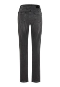 Jeans dritti grigi scuri visti dal retro, con due tasche posteriori e un'etichetta nera del marchio sulla vita.
