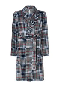 Bata de baño de cuadro en gris, con acentos en rojo y azul. Fabricada con una tela suave, tiene mangas largas, cinturón en la cintura y dos bolsillos delanteros.