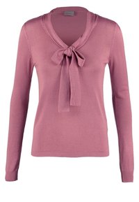 Różowy sweter z długim rękawem, z dekoltem w kształcie litery V i detalem w postaci kokardy przy kołnierzu, z prążkowanymi mankietami i gładką teksturą.
