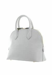 Light gray handbag made of textured synthetic material. Features a structured shape, dual handles, and a gold zipper closure.