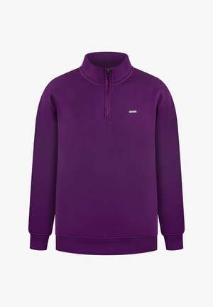 Fioletowy długi rękaw sweter z wysokim kołnierzem i krótkim zamkiem z przodu, ściągacze na mankietach i dolnej krawędzi oraz małe prostokątne logo na klatce piersiowej.