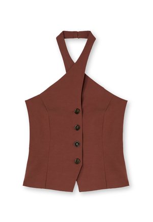 Braunes ärmelloses Neckholder-Top mit gekreuzten Trägern und vier vorderen Knöpfen, mit einem taillierten, strukturierten Design.