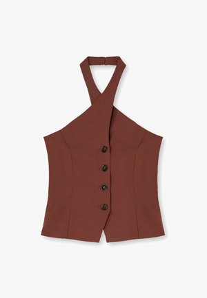 Braunes ärmelloses Neckholder-Top mit gekreuzten Trägern und vier vorderen Knöpfen, mit einem taillierten, strukturierten Design.