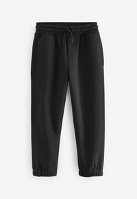 Schwarze Jogginghosen aus weichem Stoff, mit elastischem Bund und Kordelzug, elastischen Bündchen und seitlichen Taschen.