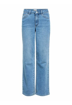 Jeans de pierna ancha en azul claro hechos de mezclilla, con cintura alta, bolsillos frontales y cierre de botón. Diseño clásico de cinco bolsillos.