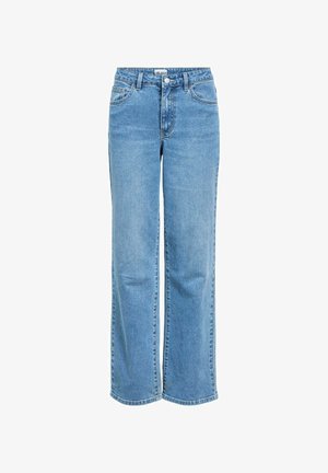 Jeans de pierna ancha en azul claro hechos de mezclilla, con cintura alta, bolsillos frontales y cierre de botón. Diseño clásico de cinco bolsillos.