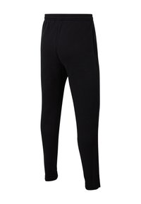 Schwarze sportliche Jogginghosen aus weichem Stoff, mit einem elastischen Bund, seitlichen Taschen und schmal zulaufenden Beinen mit elastischen Saumabschlüssen.