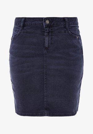 Mørk denim blyantskjørt med fem-lomme design, front knaplukning og dekorative syninger. Glat tekstur og knælængde pasform.