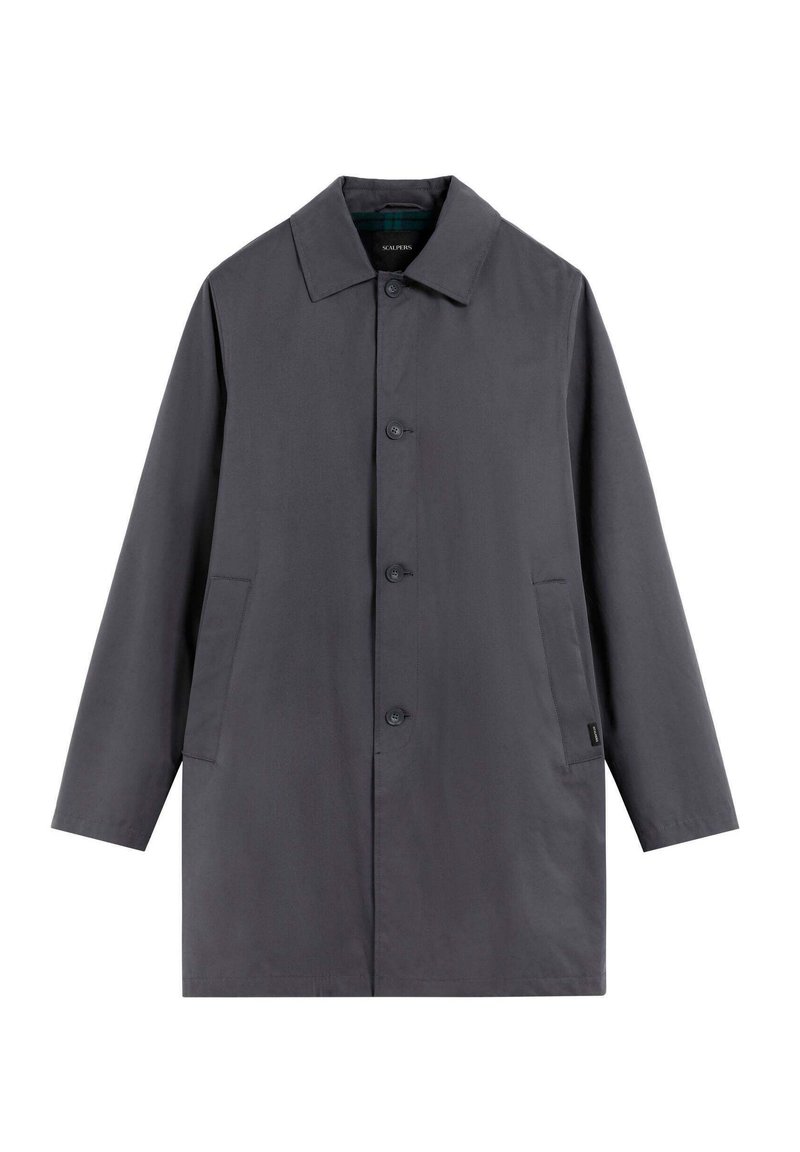 Abrigo largo gris con cierre de botones, cuello afilado y bolsillos laterales. Fabricado en tejido suave, con un diseño minimalista.