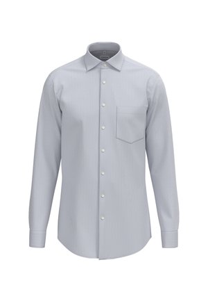 Lichtblauw gestreept overhemd met lange mouwen, een klassieke kraag, knoopsluiting en een enkel borstzakje. De stof lijkt textuur te hebben.