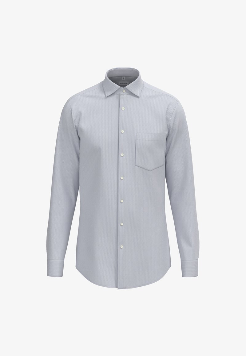 Lichtblauw gestreept overhemd met lange mouwen, een klassieke kraag, knoopsluiting en een enkel borstzakje. De stof lijkt textuur te hebben.