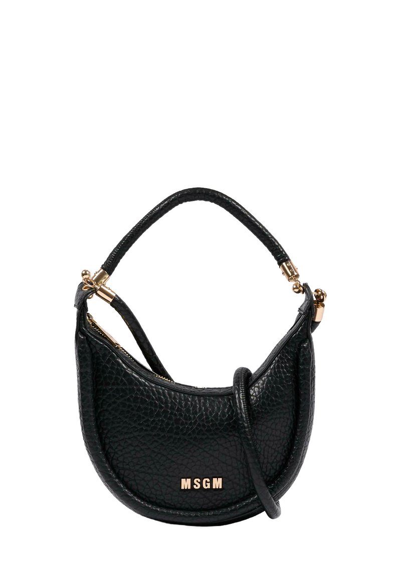Borsa a mano in pelle nera con forma curva, dotata di un manico corto e accessori in tono oro. Logo "MSGM" impresso sul davanti.