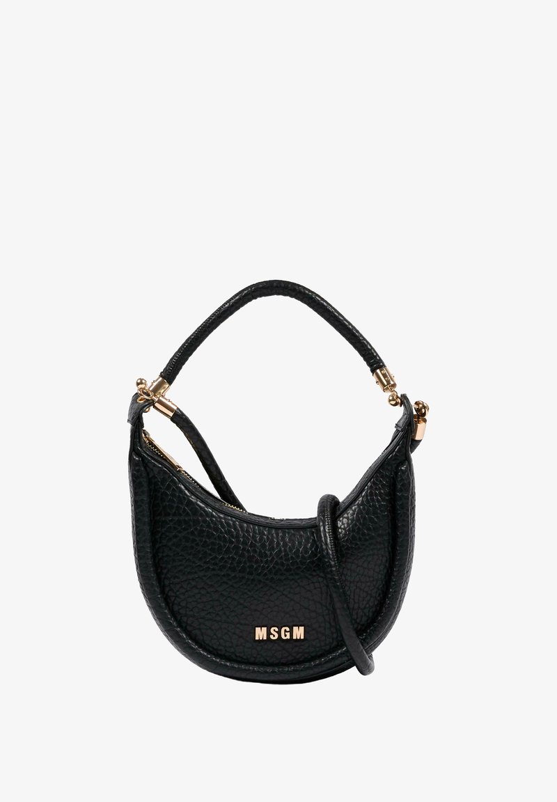 Borsa a mano in pelle nera con forma curva, dotata di un manico corto e accessori in tono oro. Logo "MSGM" impresso sul davanti.