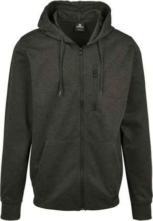 Felpa con zip di colore grigio scuro, con coulisse, tasche davanti a forma di canguro, dettagli sulle spalle e una tasca sul petto con zip verticale.