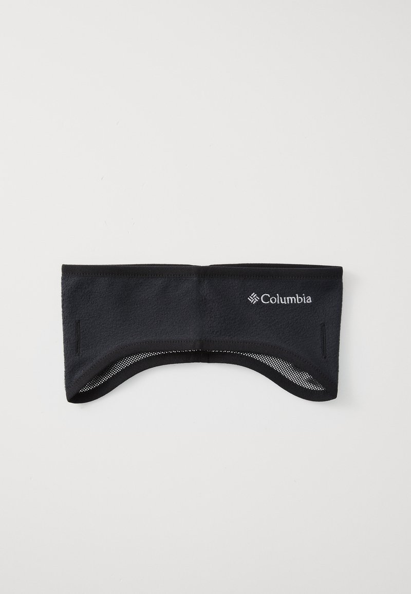 Bandă de cap din fleece negru cu laturi texturate, spate din plasă respirabilă și logo Columbia pe față. Material neted și elastic.