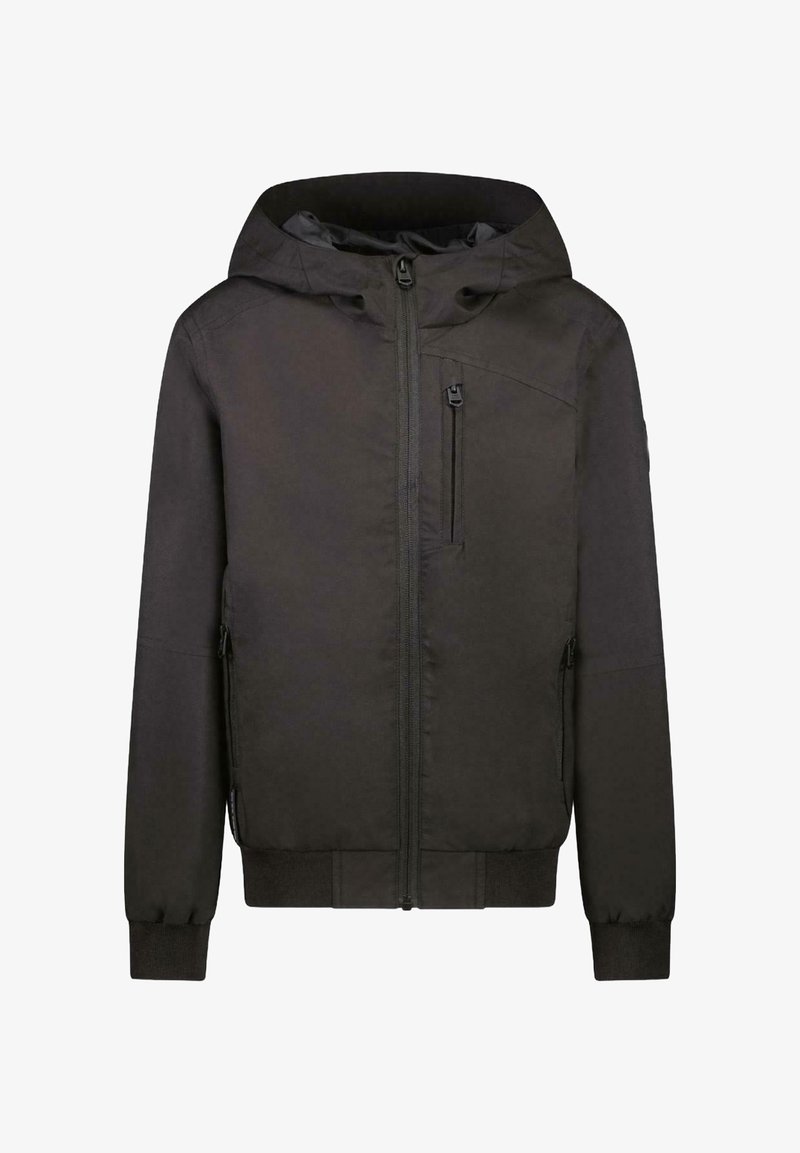 Zwarte capuchonjack met ritssluiting, zijzakken en geribde manchetten. Gemaakt van glad, duurzaam materiaal met minimale details.