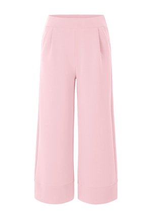 Culottes roses avec une texture lisse, jambes larges et taille haute. Comprend des plis à l'avant et des ourlets coupés et repliés.