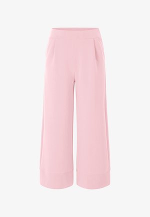 Pink culottes with a smooth texture, wide legs, and a high waistband. Features front pleats and cropped, cuffed hems.