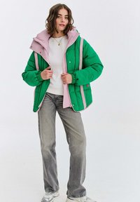 Zelená prešívaná bunda s ružovým vnútrom a lemovaním, so zipsami na bokoch, elastickými manžetami a veľkou kapucňou, nosená cez biely top a džínsy.