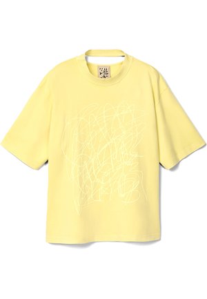 Yellow short-sleeve t-shirt made of cotton, featuring a white abstract line design at the center, with a round neckline and relaxed fit.