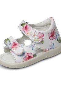 Sandalo per bambini con punta aperta realizzato in materiale sintetico bianco con un motivo floreale in rosa e blu. Caratterizzato da cinturini in Velcro regolabili e una suola leggera.