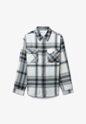 Camicia a maniche lunghe a quadri grigia, nera e bianca con due tasche frontali con bottone e colletto classico.