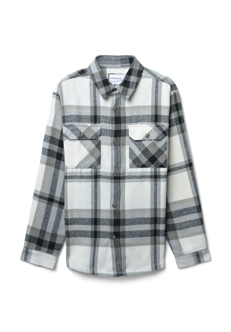 Camicia a maniche lunghe a quadri grigia, nera e bianca con due tasche frontali con bottone e colletto classico.