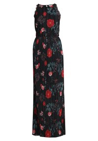 Robe longue noire avec des plis et un motif floral en rouge et bleu. Elle présente un design sans manches et une taille cintrée.