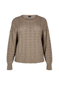 Beige knit sweater featuring a loose fit, crew neck, and intricate diamond pattern; ribbed hem and cuffs add texture.