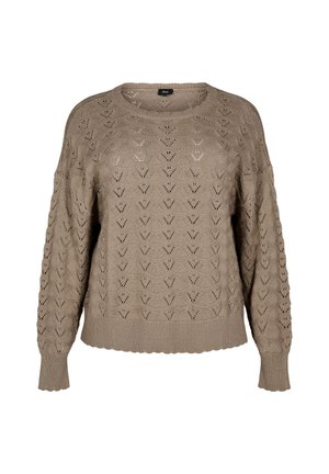 Beige gebreide trui met een losse pasvorm, ronde hals en ingewikkeld diamantpatroon; ribgebreide zoom en manchetten voegen textuur toe.