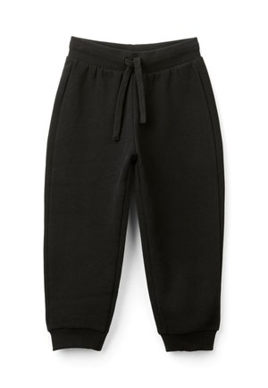 Schwarze Kinder-Sweathosen mit elastischem Bund, verstellbarem Kordelzug, Seitentaschen und gerippten Bündchen an den Knöcheln.
