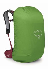 Groene waterdichte rugzakhoes met elastische randen. Bevat een wit OSPREY-logo en verstelbare bandjes in bordeauxrood. Lichtgewicht, gladde textuur.
