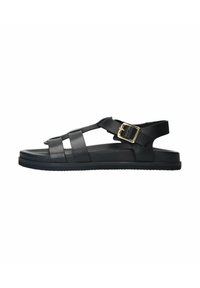 Zwarte sandalen van synthetisch materiaal met kruislings lopen banden, verstelbare gesp, platte zool en een textuur voor grip. Geen hak.