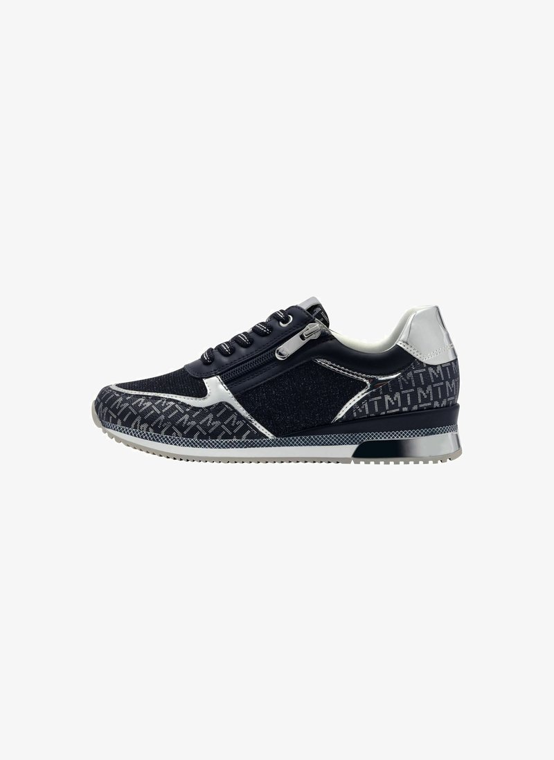 Navy sneaker with a textured fabric upper, silver accents, and a patterned sole. Features a side zip for easy wear and lace-up closure.