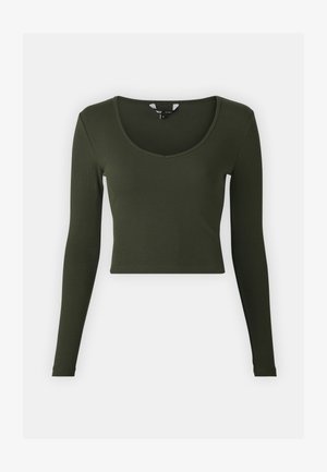 Olivgrünes Langarm-Crop-Top aus Rippstoff. Verfügt über einen tiefen V-Ausschnitt und eine figurbetonte Silhouette.