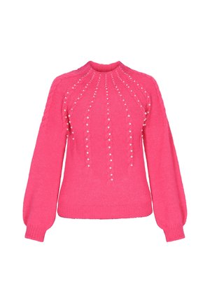 Suéter de punto rosa con un cuello alto, patrón texturizado y acentos decorativos de perlas. Presenta mangas largas con volumen y un dobladillo ajustado.