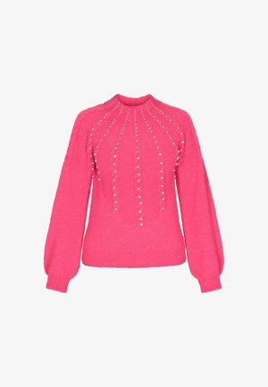Pull en tricot rose avec un col montant, un motif texturé et des accents décoratifs en perles. Dispose de manches longues bouffantes et d'un ourlet ajusté.