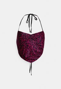 Svart halterneck bikiniöverdel med rosa abstrakt mönster, mjukt tyg, triangulär form och justerbara band i halsen och på ryggen.