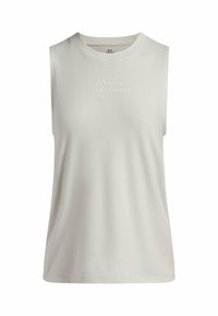 Mouwloze lichtgrijze tanktop van zacht materiaal, met een ronde halslijn en een subtiele geborduurde "Under Armour"-logo aan de voorkant.