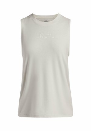 Mouwloze lichtgrijze tanktop van zacht materiaal, met een ronde halslijn en een subtiele geborduurde "Under Armour"-logo aan de voorkant.