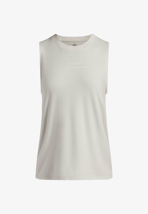 Ærmeløs lysegrå tanktop lavet af blødt stof, med en rund halsudskæring og en diskret "Under Armour" broderet logo foran.