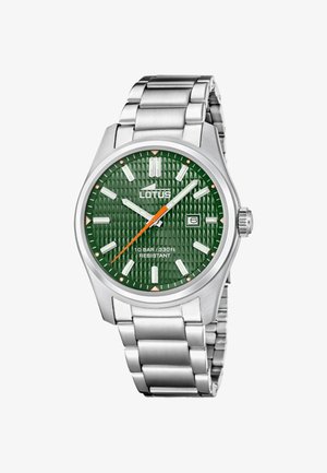 Horloge van roestvrij staal met een groene gestructureerde wijzerplaat, witte uurmarkeringen, oranje secondewijzer en datumaanduiding. Waterbestendig tot 10 bar.