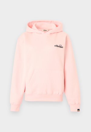 Lichtroze hoodie met voorzak, lange mouwen, geribde manchetten en zwart "ellesse" logo op de borst en rand van de mouw.