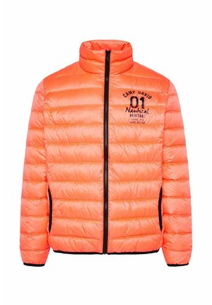Bright orange puffer jacket with a high collar, zip closure, and black accents. Features quilted design and logo print on the chest.