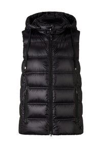 Schwarze gepolsterte Weste mit Kapuze, ausgestattet mit einem Reißverschluss, seitlichen Taschen und verstellbaren Kordeln. Glattes, glänzendes Material mit einem gesteppten Design.