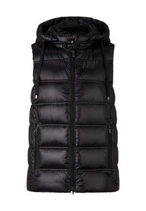 Černá vycpaná vesta s kapucí, s uzávěrem na zip, postranními kapsami a nastavitelnými šňůrkami. Hladká, lesklá tkanina s prošívaným designem.