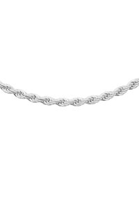 Collier en chaîne argentée torsadée, présentant un tressage complexe avec une finition polie, apparaissant lisse et réfléchissant avec un design uniforme.