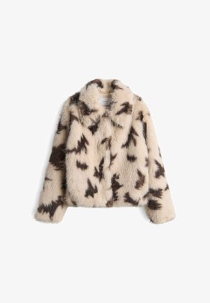 Nepbont jasje in crèmekleur met donkerbruine abstracte patronen, voorzien van een kraag en lange mouwen voor warmte en comfort.