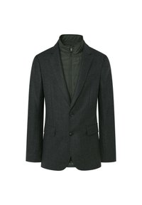 Kolgrå kashmirullblandad jacka med en subtil herringbone-mönstring, skärpade slag, två knappar och en grön zip-inre foder.