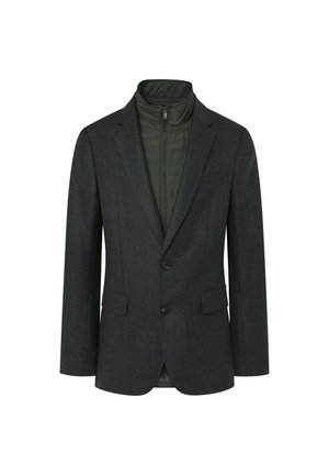 Jakna od mješavine vune i ugljena s suptilnim uzorkom herringbone, s reverima u obliku slova notched, dvostrukim kopčanjem i zelenim podstavljanjem s patentnim zatvaračem.